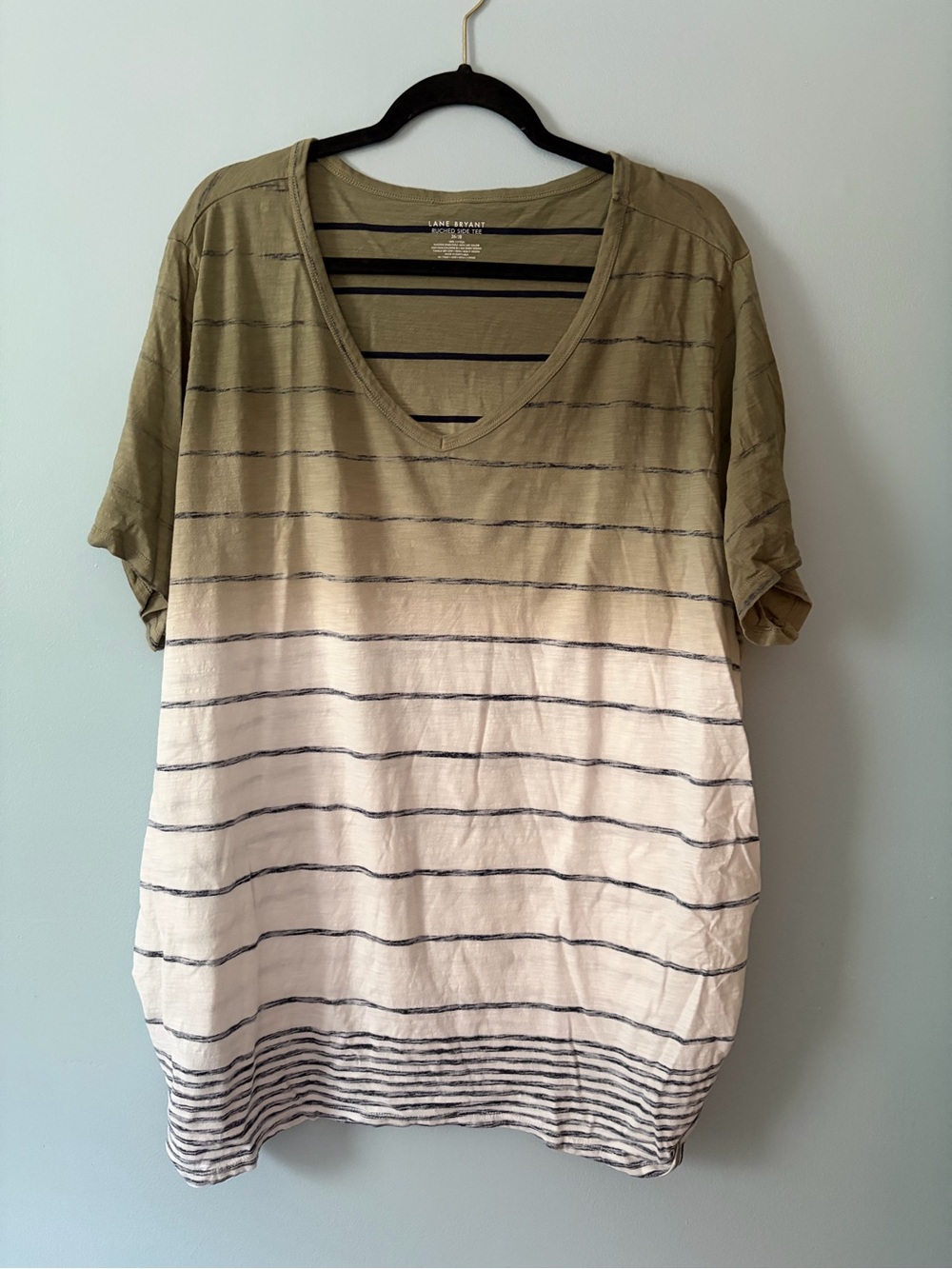 Lane Bryant Olive-to-Cream Striped V-Neck Tee
